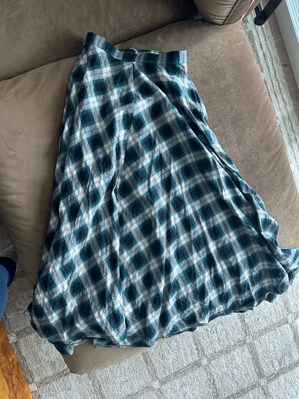 Maje Teal and White Plaid Maxi Skirt with Flowing Silhouette